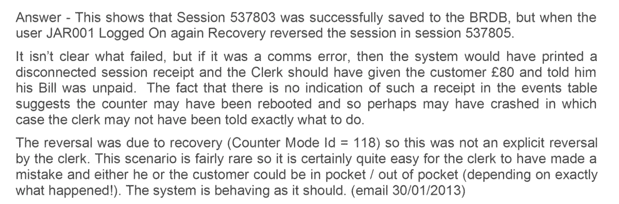 An extract from Fujitsu's reply of 30 January 2013 on the same page. It says Recovery reversed the session when user JAR001 logged on again, and that the reversal was due to recovery, Counter Mode Id = 118, not an explicit reversal by the clerk.