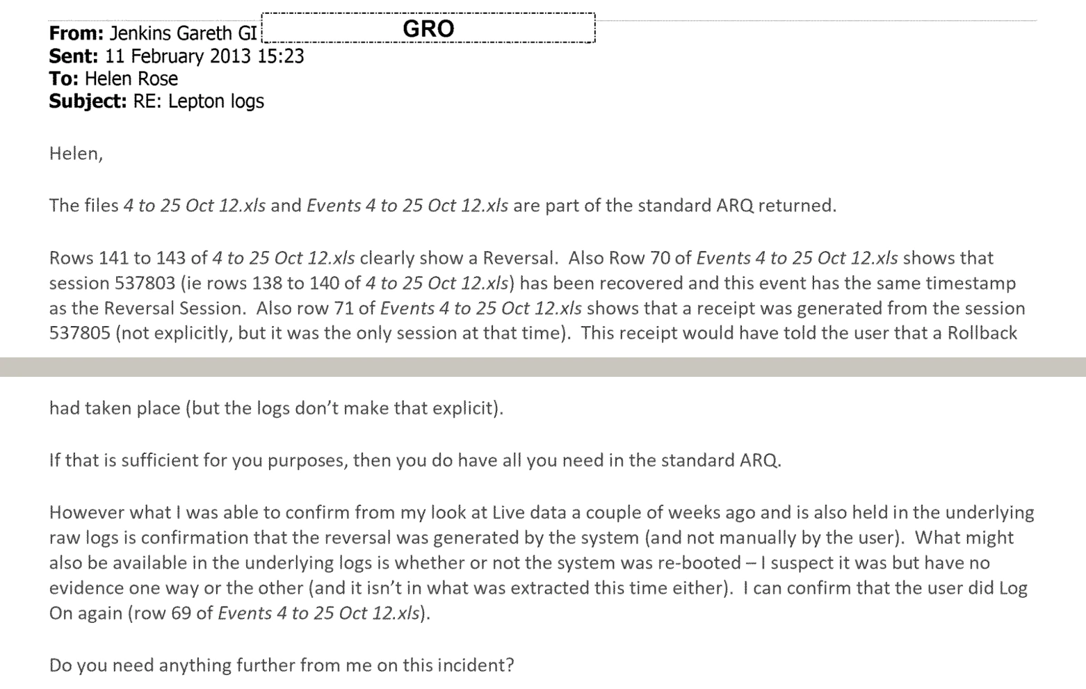 Gareth Jenkins's e-mail of 11 February 2013 in the POL00134138 thread. Its start at the bottom of page 2 and its continuation at the top of page 3 are separated by a grey band. The highlighted lines say the logs don't make it explicit, that the reversal was generated by the system, and that there is no evidence either way about a reboot.