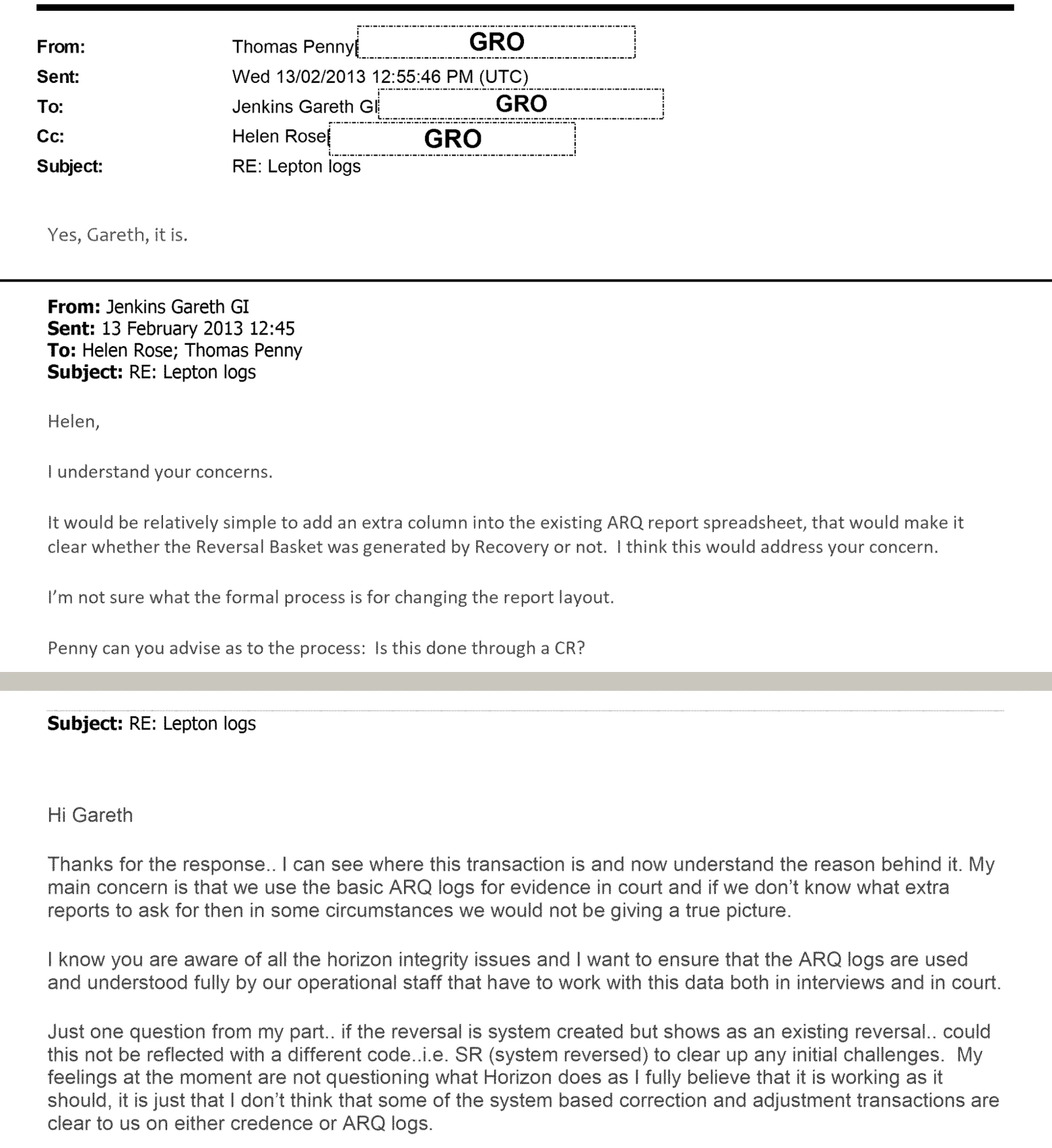The top of page 1 and the top of page 2 of the POL00134138 thread, separated by a grey band. Above are Thomas Penny's reply of 13 February 2013, Yes, Gareth, it is, and Gareth Jenkins's proposal of an extra ARQ column. Below, Helen Rose notes that a reversal made by the system shows as an existing reversal and asks for an SR (system reversed) code. The GRO redactions are kept.