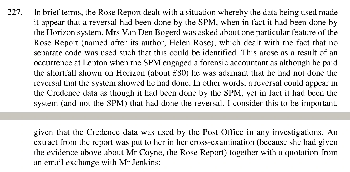 Paragraph 227 of the Bates v Post Office judgment. Its start on page 72 and its first sentence on page 73 are separated by a grey band. The highlighted lines say a reversal could appear in the Credence data as though the subpostmaster had done it when the system had, and that the Credence data was used in investigations.