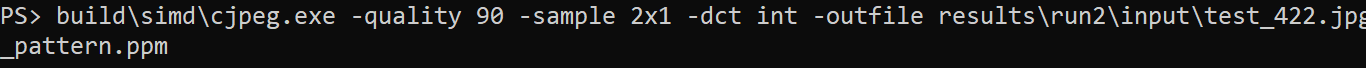 The cjpeg command uses -quality 90 -sample 2x1 -dct int to make test_422.jpg from test_pattern.ppm.