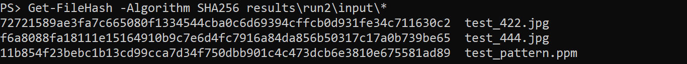 Get-FileHash output. SHA-256 of test_422.jpg is 72721589ae3fa7c665080f1334544cba0c6d69394cffcb0d931fe34c711630c2.