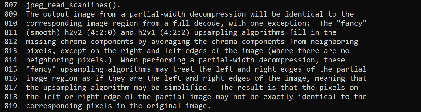 libjpeg.txt, lines 807 to 819. It says that in a partial-width decode, fancy upsampling may treat the left and right edges of the region as the edges of the image.