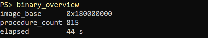 REA binary_overview output. image_base 0x180000000, procedure_count 815, elapsed 44 s.