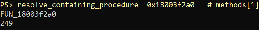 The resolve_containing_procedure 0x18003f2a0 output shows FUN_18003f2a0, 249 bytes.