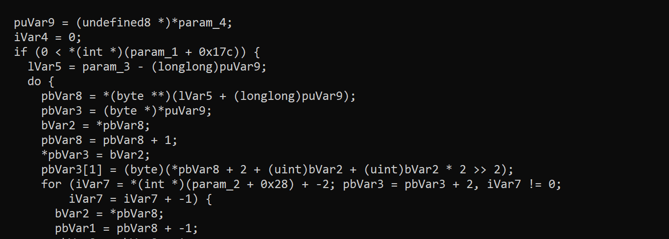 FUN_18003f2a0 pseudocode. The line *pbVar3 = bVar2 copies the first sample into the first output. The loop runs *(int *)(param_2 + 0x28) - 2 times.