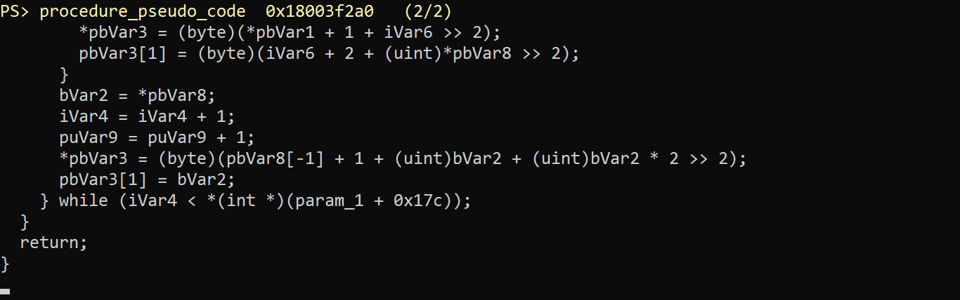 The rest of the pseudocode. Inside the loop, 3 parts the sample and 1 part the neighbour, shifted right by 2. After the loop, pbVar3[1] = bVar2 copies the last sample.
