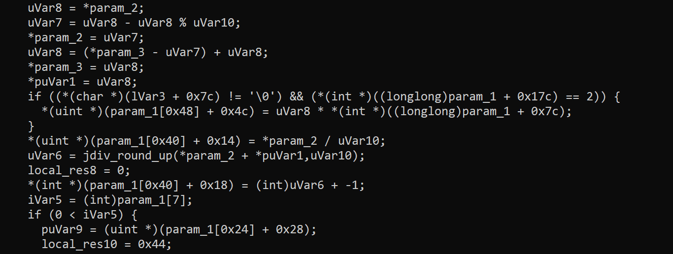 jpeg_crop_scanline pseudocode. uVar7 = uVar8 - uVar8 % uVar10 rounds x down to the block size. puVar9 points to offset 0x28 of the component.