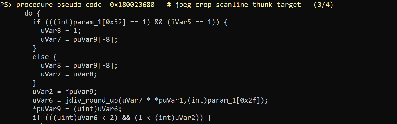 More jpeg_crop_scanline pseudocode. uVar6 = jdiv_round_up(...) and *puVar9 = uVar6 write each component's new width into field 0x28.