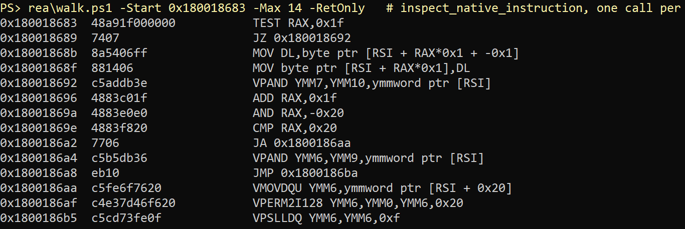 Instructions from the AVX2 code. MOV DL,[RSI + RAX*0x1 + -0x1] and MOV [RSI + RAX*0x1],DL write the last colour sample into the next cell.