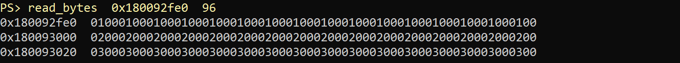 read_bytes 0x180092fe0 96 output. Sixteen 16-bit ones, twos and threes.