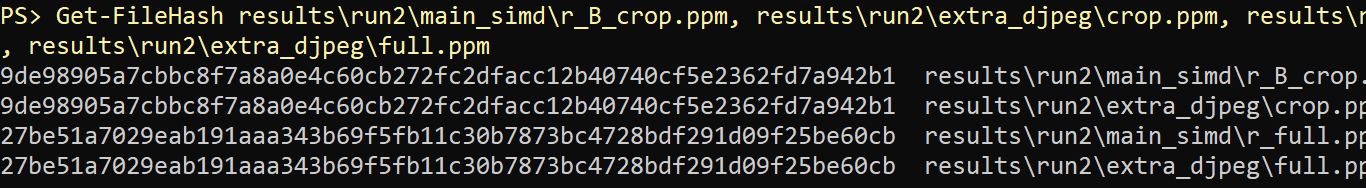 Get-FileHash output. r_B_crop.ppm has the same SHA-256 as the djpeg -crop output, and r_full.ppm the same as the full djpeg output.