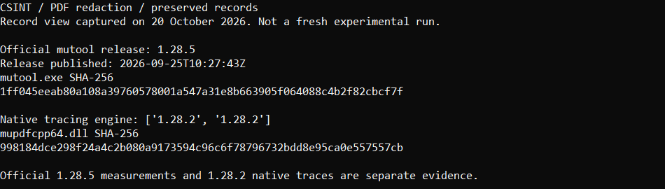 Release date and hash of official mutool 1.28.5, alongside the hash of the 1.28.2 DLL used for native tracing.