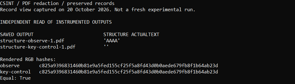 Independent file reading shows ActualText AAAA in observation and an empty string in the key control. Both rendered RGB hashes match.