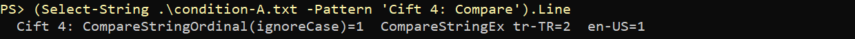 For pair four, CompareStringOrdinal returns 1, CompareStringEx tr-TR returns 2, and en-US returns 1.
