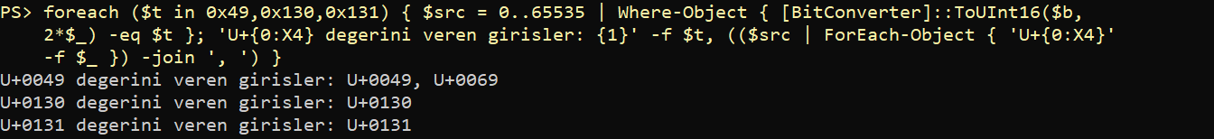 All 65536 entries were scanned. U+0049 is produced by U+0049 and U+0069; U+0130 only by U+0130, and U+0131 only by U+0131.