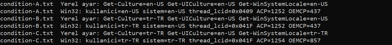 A is en-US/en-US, B tr-TR/en-US, C tr-TR/tr-TR. UICulture remains en-US, and code pages become 1254 and 857 in C.