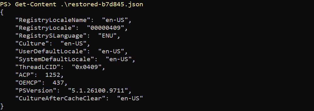 The restoration record shows user and system locales en-US, LCID 0x0409, ACP 1252 and OEMCP 437.