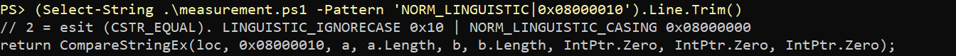 The script names LINGUISTIC_IGNORECASE 0x10 and NORM_LINGUISTIC_CASING 0x08000000. Its CompareStringEx call uses 0x08000010.