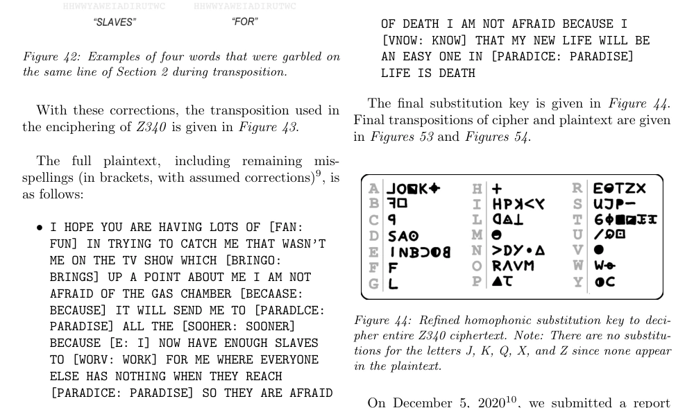 Two columns from printed page 30 of the arXiv paper. The left column has the paragraph introducing the full plaintext and the Z340 text in capitals. The right column shows the last lines of the text and the Figure 44 substitution key.