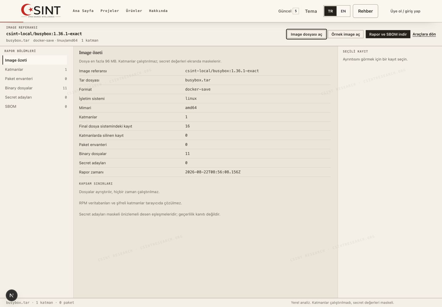 Real local inspection summary for the BusyBox 1.36.1 container export