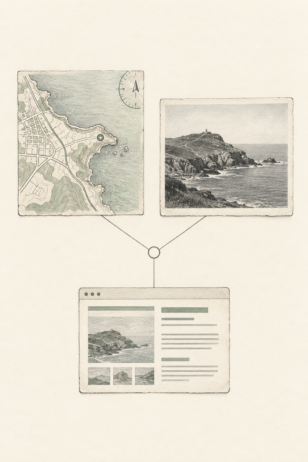 Text-free OSINT cover: a map, a coastal photograph and a web record connected by pencil lines.