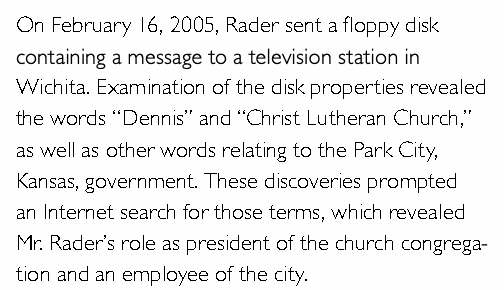 Actual RCFL paragraph crop: words in the disk properties prompted an Internet search linking Rader to publicly listed roles.