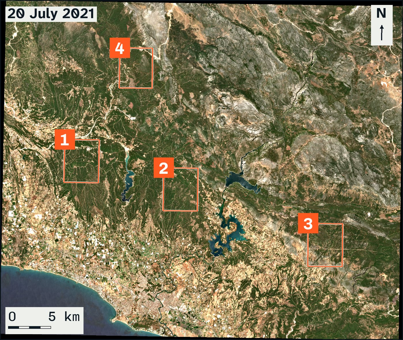 Sentinel-2 image of the Manavgat area on 20 July 2021. The slopes are green, four numbered boxes are marked.