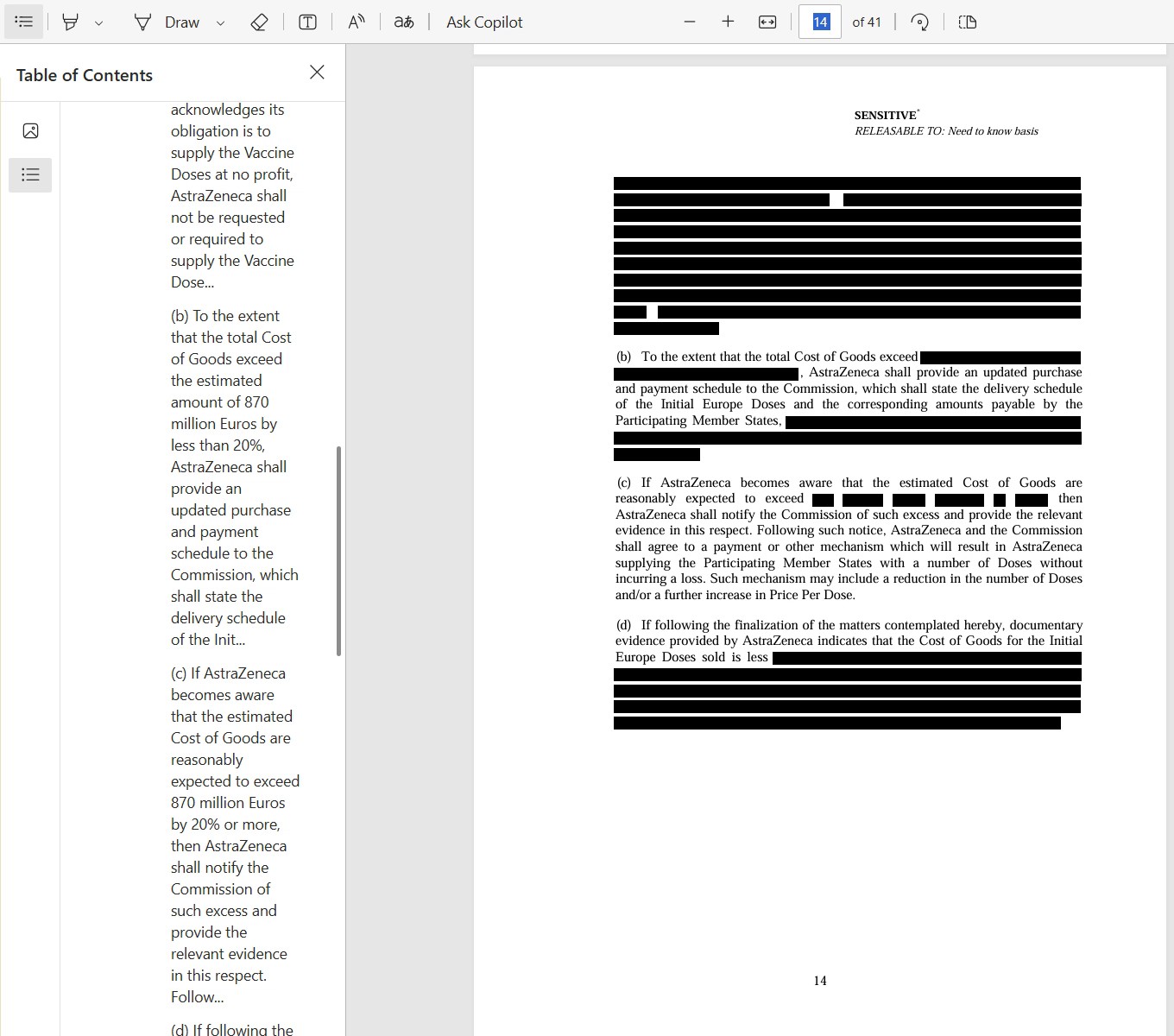 The historical copy open in a desktop PDF viewer. The toolbar reads 14 of 41. On the left a Table of Contents panel shows (b) with the estimated amount of 870 million Euros by less than 20% and (c) with expected to exceed 870 million Euros by 20% or more. On the right the same page shows paragraphs (b) and (c) with black bars.