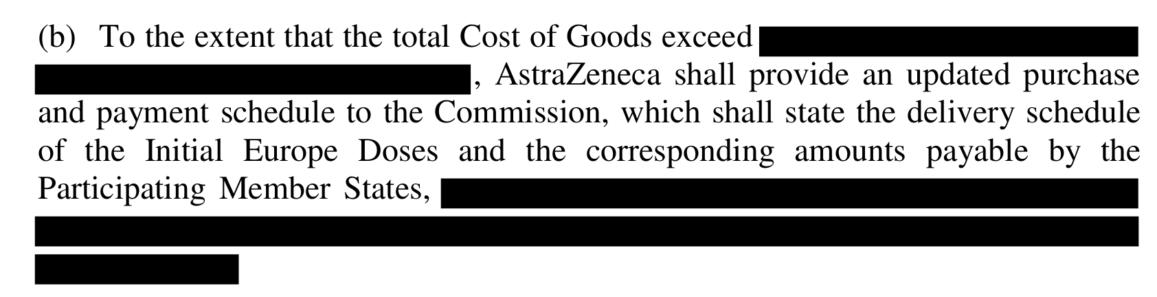 Paragraph (b) from page 14 of the contract. After the words To the extent that the total Cost of Goods exceed, a black bar runs to the end of the line. The second line also opens with a black bar and goes on with AstraZeneca shall provide an updated purchase. Three more black bars close the paragraph.