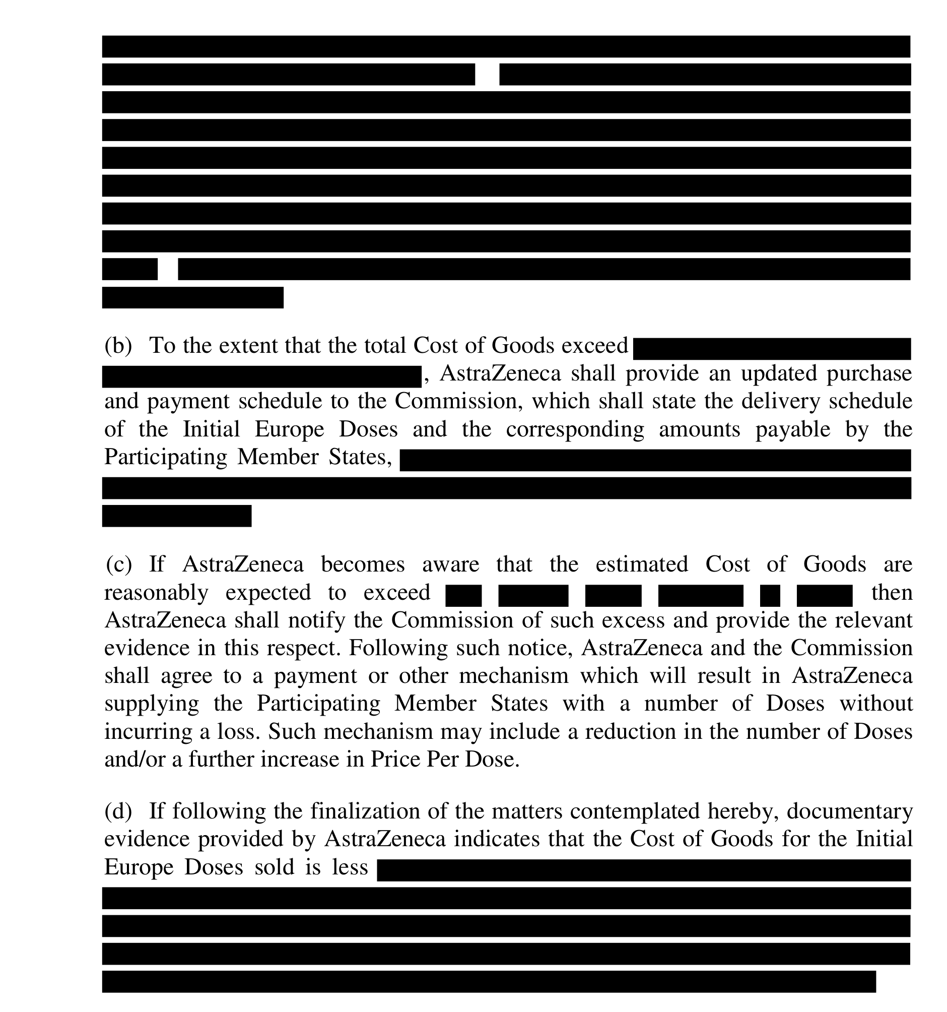 The text area of page 14. Ten lines of black bars at the top, then paragraphs (b), (c) and (d). In (b) the bars follow Cost of Goods exceed, in (c) six short bars follow reasonably expected to exceed, and in (d) five lines of bars follow is less.